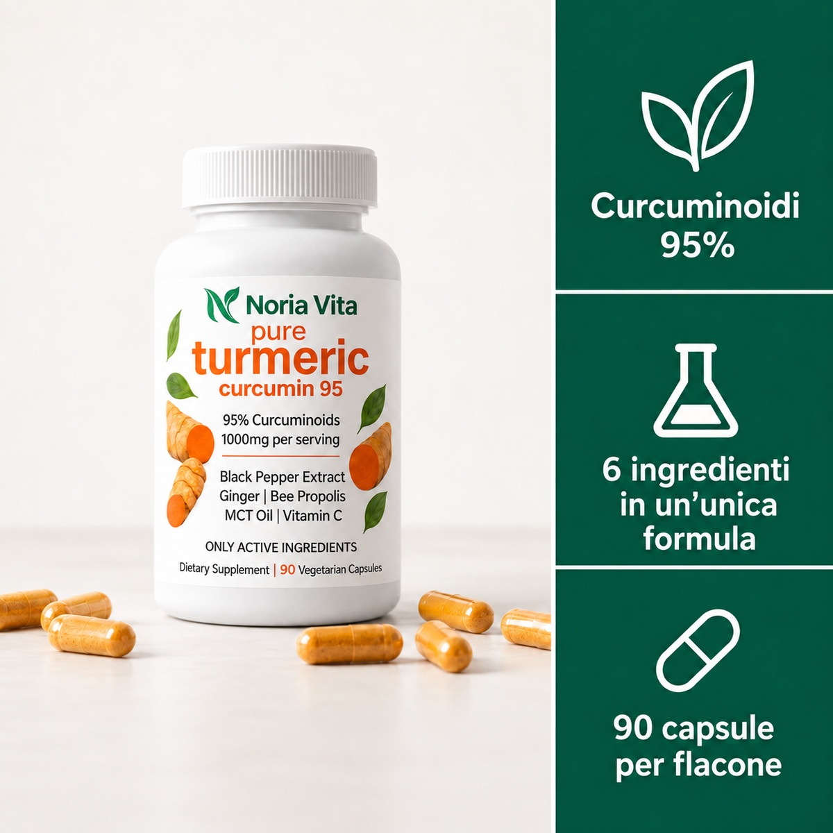 Noria Vita – Curcuminoidi al 95%, 6 ingredienti e 90 capsule per flacone